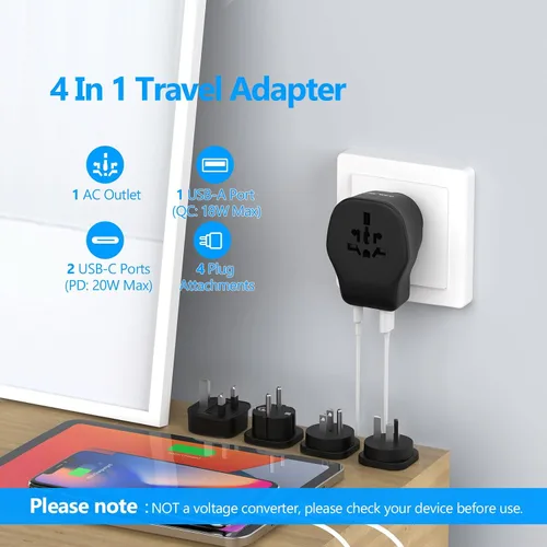 Vista 3 de JSVER Juego de adaptadores de viaje internacional con 3 puertos USB, 1 enchufe de CA, incluye accesorios desmontables tipo B, I, G, E/F para usar