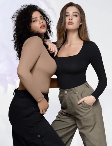 Vista 11 de PUMIEY Body sexy de manga larga con cuello cuadrado para mujer, colección Smoke Cloud