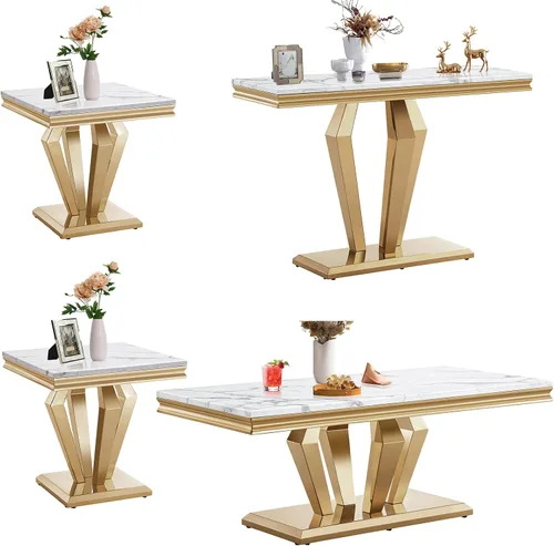 Vista 25 de SSLine Moderna mesa de centro de 1 pieza para sala de estar, mesa de centro de lujo de mármol sintético con patas de acero inoxidable en forma de S