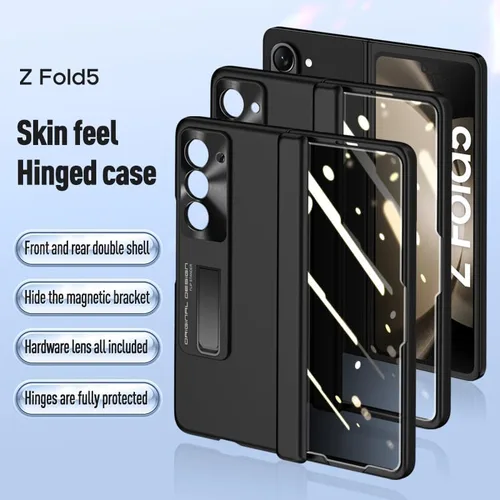 Vista 3 de Funda para Samsung Galaxy Z Fold 5 con función atril y protección de bisagra, protector de pantalla frontal integrado, funda rígida delgada Negro
