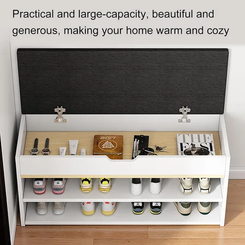 Vista 6 de Banco de zapatos, banco con almacenamiento de zapatos, banco de entrada superior con cojín extraíble, zapatero de madera con cajón de almacenamiento