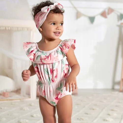 Vista 2 de Gerber Conjunto de 3 mamelucos de manga corta para bebés y niñas, funda de pañales y diadema