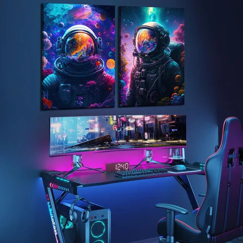 Vista 5 de Arte de pared de astronauta abstracto retro astronauta en el océano, póster colorido y fantástico universo espacial, impresiones de pintura espacial