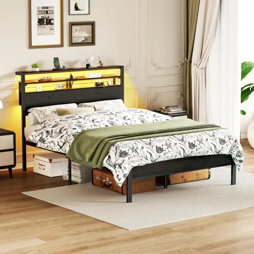 Vista 6 de Full Size Bed Frame with Headboard, 3-Tier Storage Shelves & 2 Fabric Drawers, Built-in Charging Station & RGB LED Lights, Metal Slat Support, No