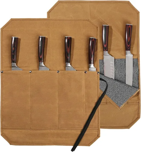 Vista 8 de Denifiter Bolsa enrollable para cuchillos de chef, duradera funda para cuchillos de lona encerada de 16 onzas con 4 ranuras, bolsa profesional