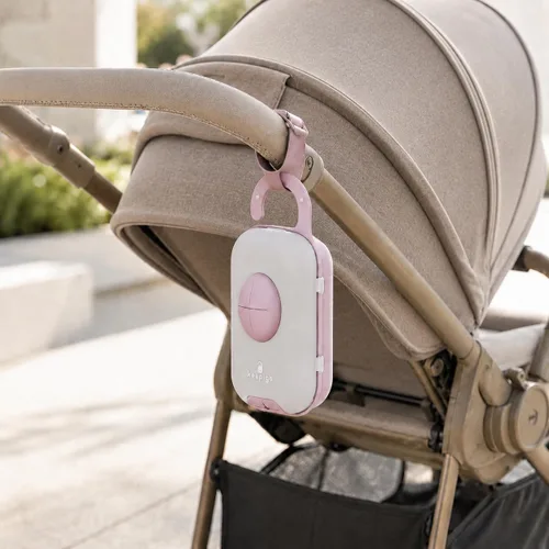 Vista 4 de Dispensador de toallitas para pañales rosa bebé Organizador portátil 3 en 1 para pañales, soporte para toallitas para bebés con bolsas desechables