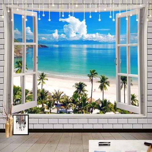 Vista 2 de Sanzugh - Tapiz de pared de playa del océano, arte de ventana falsa de naturaleza del mar de Hawái, tapices para colgar en dormitorio, dormitorio