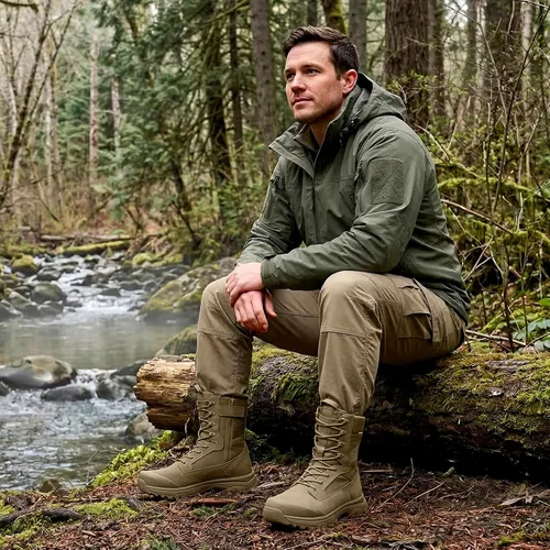 Vista 2 de Coostar Botas tácticas para hombre, ligeras, botas de combate militar, botas de trabajo con cremallera lateral, botas de motocicleta