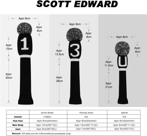 Vista 2 de Scott Edward Knit Golf Club Cover with a Pom Set of 5 Head Covers Protect Driver Wood(460cc) 1 Fairway Wood2 and Hybrid/UT2 with Rotating Club