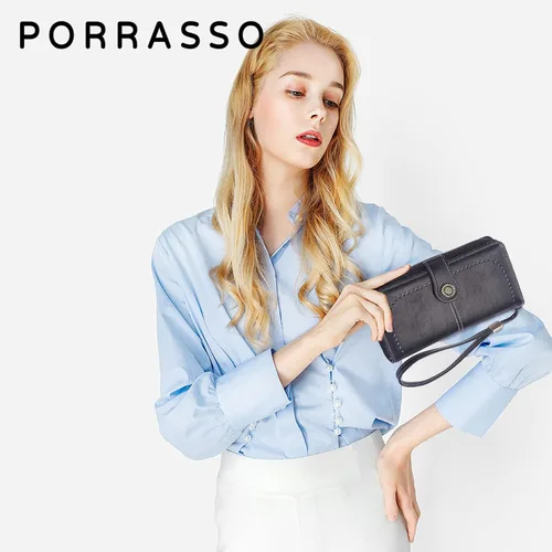 Vista 2 de PORRASSO Cartera de mujer Bolso de cuero con tarjetero para teléfono celular con correa para la muñeca, Negro -, Classic