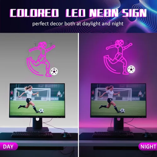 Vista 7 de Letrero de neón de fútbol de OkiyiD para niñas - Decoración de pared deportiva regulable con alimentación USB, regalos únicos para mujeres y niñas