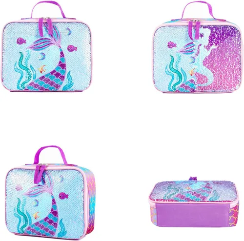 Vista 3 de Mochila escolar de lentejuelas ligera para niños pequeños con bolsa de almuerzo para preescolar jardín de infantes y primaria, Sirena con bolsa