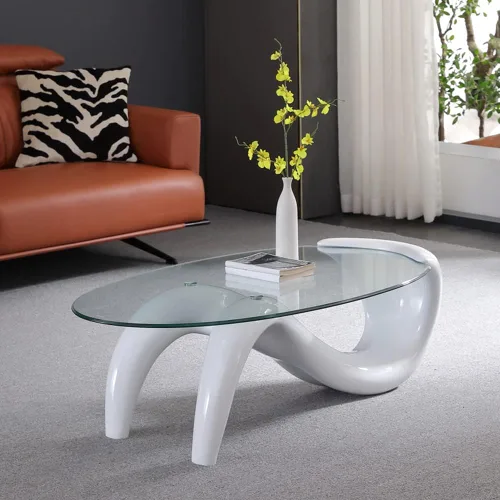 Vista 3 de LITFAD Mesa de cóctel moderna con tapa de vidrio, ovalada, contemporánea, mesa de centro creativa de sirena para sala de estar, mesa de té moderna