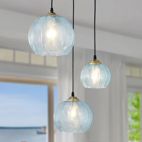 Vista 10 de Lámpara Colgante de Cristal Verde, Iluminación Colgante de Globo Grande Individual de 9.8 Pulgadas Nórdica Acanalada para Techo Colgante, Lámpara