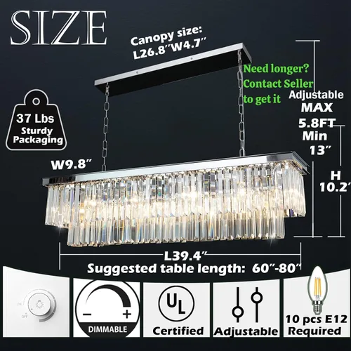 Vista 4 de Lámpara de araña de cristal cromado L39 '' rectangular moderna lámpara de comedor lámpara rectangular colgante de techo para isla de cocina sobre