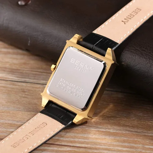 Vista 4 de BERNY Relojes cuadrados para hombre reloj de cuarzo rectangular calendario correa de cuero