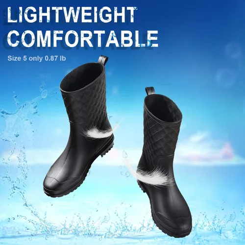 Vista 4 de Petrass Botas de lluvia para mujer, color negro impermeable a media pantorrilla, ligeras, lindo botines de moda para trabajar cómodos zapatos