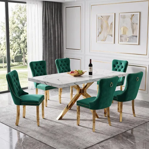 Vista 23 de Henf Mesa de comedor de mármol sintético blanco de 70 pulgadas para 4-6 personas, mesa de cocina rectangular moderna con mesa de mármol sintético