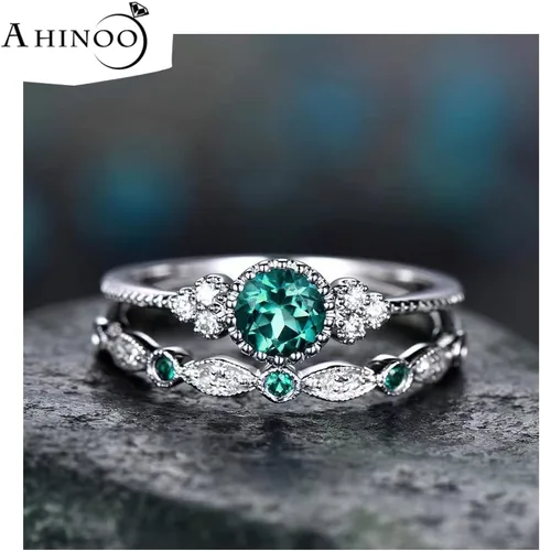 Vista 3 de Fashion - Juego de 2 anillos de plata de ley 925 con esmeralda natural, corte redondo, circonita cúbica, anillo de compromiso clásico de eternidad