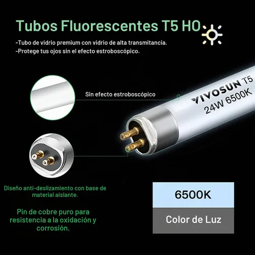 Vista 5 de VIVOSUN Bombillas T5 de crecimiento de 2 pies y 22 pulgadas, 24 W, 6500 K, tubos fluorescentes HO, bombilla blanca fría T5 para lámparas T5 de 22