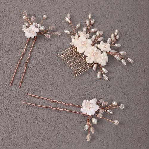 Vista 4 de Xerling Accesorios para el cabello con perlas florales para boda, horquillas para el cabello, peine para el cabello, hermosas joyas de cabeza