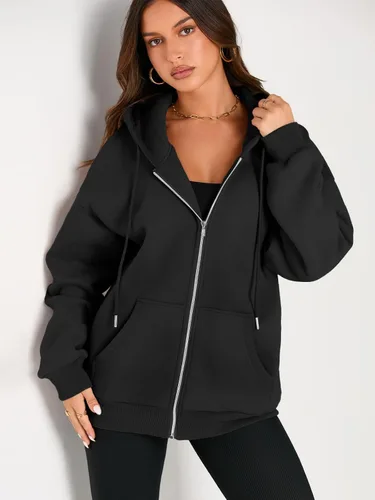 Vista 4 de EFAN Sudaderas con capucha lindas para mujer con cordón y cremallera, chaqueta de otoño de gran tamaño, sudaderas casuales con bolsillo Negro
