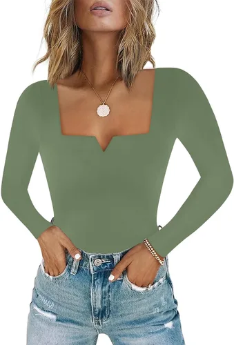 Vista 31 de Chunpin Body de manga larga para mujer, cuello cuadrado, muesca, cuello en V, traje de cuerpo de doble forro para salir, trajes de tanga Slim Fit