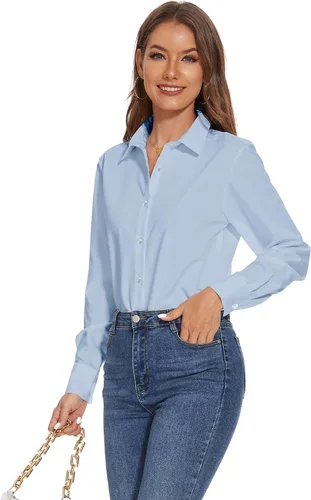 Vista 2 de YAMANMAN Camisas con botones para mujer, camisas de vestir de manga larga sin arrugas, blusas casuales de negocios para oficina y trabajo Azul