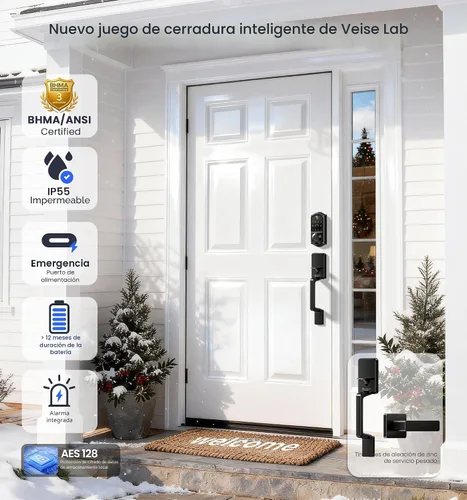 Vista 5 de Veise VE017-D - Juego de cerradura inteligente para puerta delantera, control de aplicación, cerrojo de entrada sin llave 8 en 1 con manija de Negro