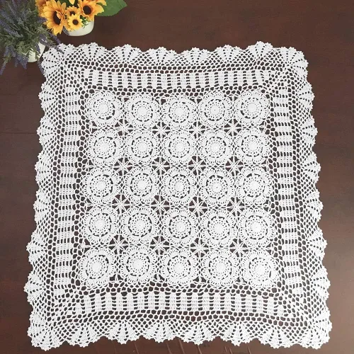 Vista 2 de Hetao Mantel cuadrado de ganchillo 100% algodón hecho a mano, manteles de encaje, color blanco, 31 pulgadas