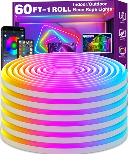 Vista 10 de SINLEY Tira de luces LED de neón de 20 pies, control con aplicación/control remoto, luces LED flexibles, múltiples modos, IP68 luces de neón RGB