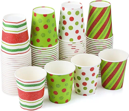 Vista 14 de Funtery 100 piezas de vasos de papel de Navidad, vasos de café desechables de Navidad con copos de nieve, muñeco de nieve, alce, luces, 9 onzas