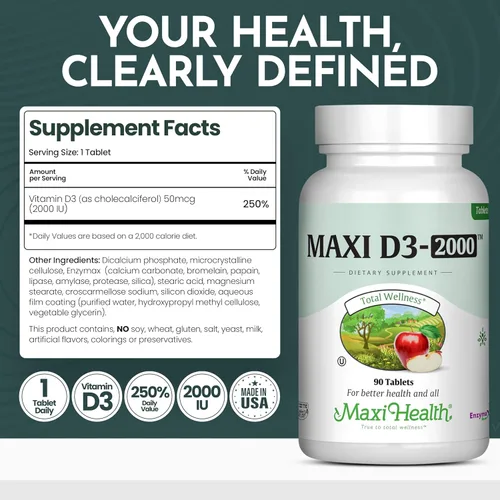 Vista 6 de Maxi Health Tabletas de vitamina D3 de 2000 UI – Apoyo inmunológico, salud ósea y función muscular – Suplemento de vitamina D de 2000 UI