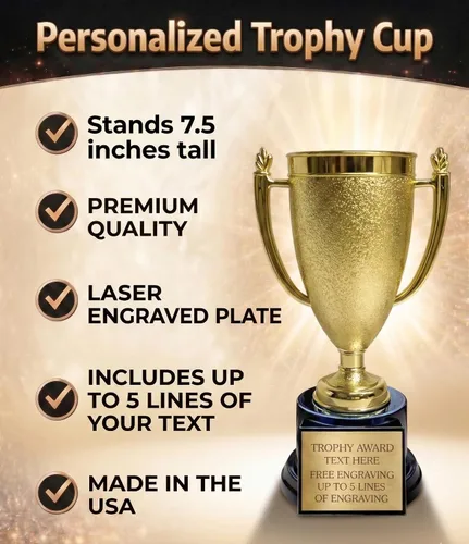 Vista 4 de Placa grabada de copa de trofeo personalizada con grabado personalizado de 7.5 pulgadas de alto, trofeos de equipo con placa grabable personalizada