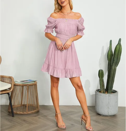 Vista 4 de EXLURA Vestido corto de verano para mujer con hombros descubiertos cuello cuadrado manga corta abombada cintura alta con volantes