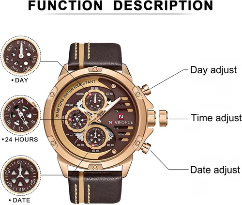 Vista 4 de NAVIFORCE Relojes deportivos militares para hombre, reloj impermeable analógico de cuarzo, correa de piel, fecha, calendario, reloj de pulsera