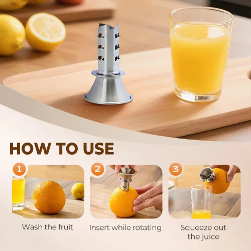 Vista 6 de Exprimidor de limón de acero inoxidable, exprimidor manual de cítricos, exprimidor de mano resistente con tapa de rosca para limones, limas