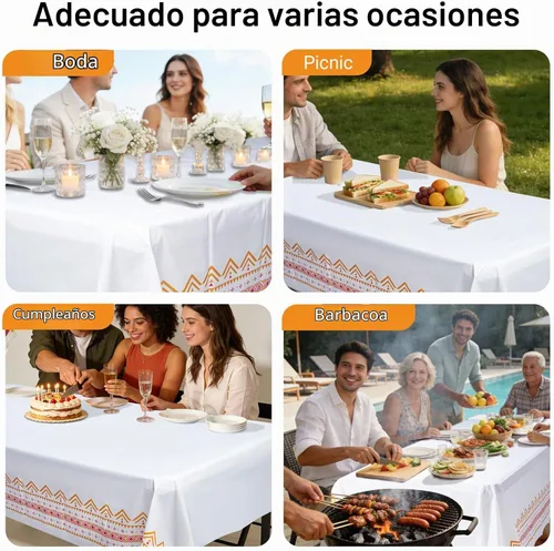 Vista 6 de Paquete de 10 manteles de plástico blanco, 108 x 54 pulgadas, manteles rectangulares desechables bohemios para bodas, pícnics y fiestas
