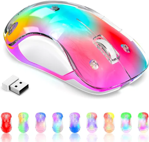 Vista 13 de memzuoix Mouse inalámbrico de 2.4G con cubierta personalizable y LED de 9 colores, ergonómico recargable, 1400 DPI, 5 botones, receptor USB para Azul