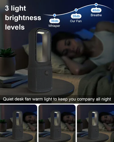 Vista 7 de Ventilador de escritorio sin aspas, ventilador de torre recargable USB de 14 pulgadas con 9 velocidades ajustables, 3 luces, oscilación de 60°