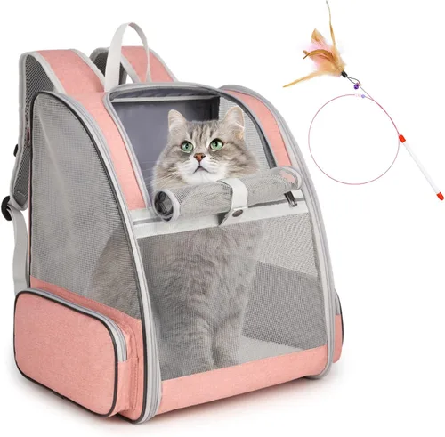 Vista 11 de Mochila transportadora para gatos, mochila grande para mascotas con varita de gatito, juguete de plumas para perros medianos y pequeños, gatos