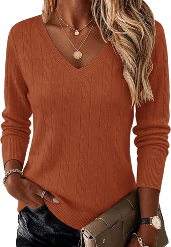 Vista 9 de Ekouaer Suéter de punto trenzado con cuello en V para mujer, manga larga Negro