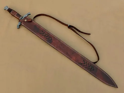 Vista 4 de Espada vikinga de acero de Damasco hecha a mano/espada medieval con funda de cuero.