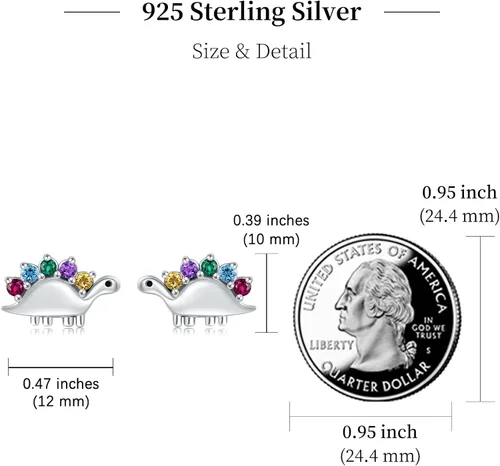 Vista 5 de Aretes de dinosaurio arcoíris para mujer, plata de ley 925, circonita cúbica, aretes de dinosaurio, hipoalergénicos, pequeños, joyería