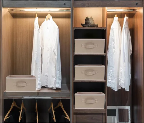 Vista 6 de Cajas de almacenamiento decorativas para organizar la ropa en un aparador, juego organizador de tela plegable con asas para ropa de cama, ropa
