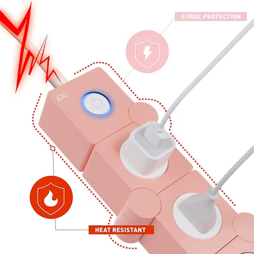 Vista 12 de iJoy - Tira de enchufes flexible: 3 salidas de corriente alterna y 2 puertos de carga USB con cable de extensión rosa, tiras de enchufes