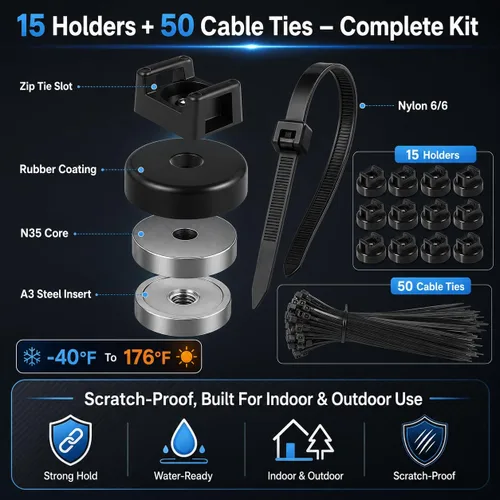 Vista 2 de Soportes magnéticos para bridas de cables, 15 imanes con 50 bridas para cables, soporte de cables magnéticos multiusos para gestión de cables, bases