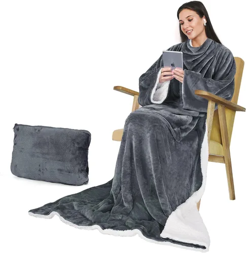 Vista 8 de Catalonia Classic Manta de forro polar Sherpa con mangas, súper suave, cálida y acogedora, manta portátil de viaje, regalo para mujeres, hombres