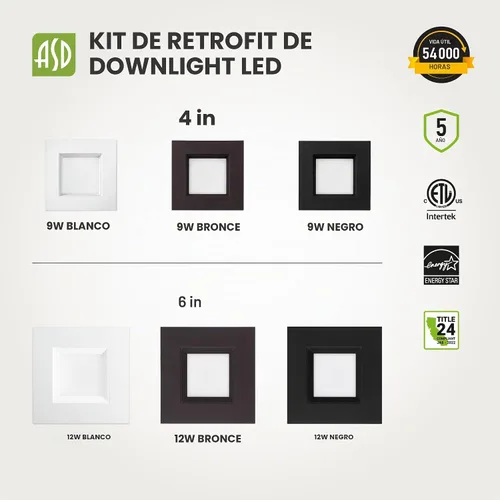 Vista 9 de ASD Iluminación LED empotrable cuadrada blanca de 4 pulgadas retrofit - 9W 709LM 2700/3000/3500/4000/5000K regulable seleccionable LED Downlight