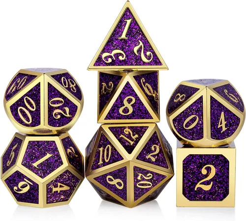 Vista 27 de DNDND - Dados de diseño antiguo, 7 dados de metal de latón con caja de metal para juegos de mesa como Dungeons and Dragons
